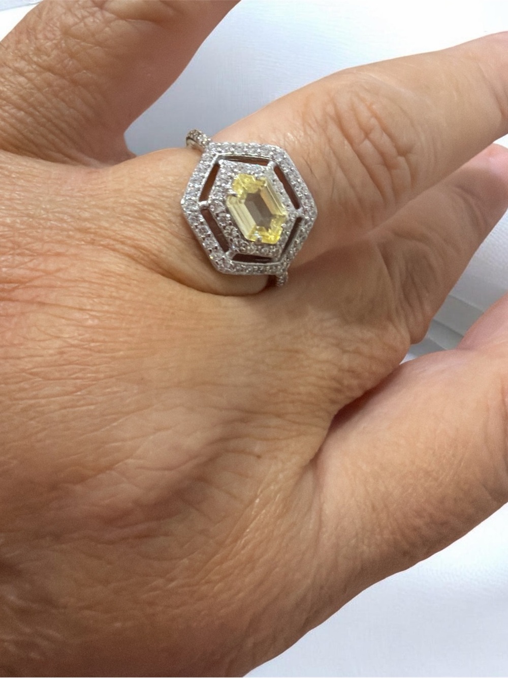 Yellow Gem Hexagon Halo Ring in Silver-Tone